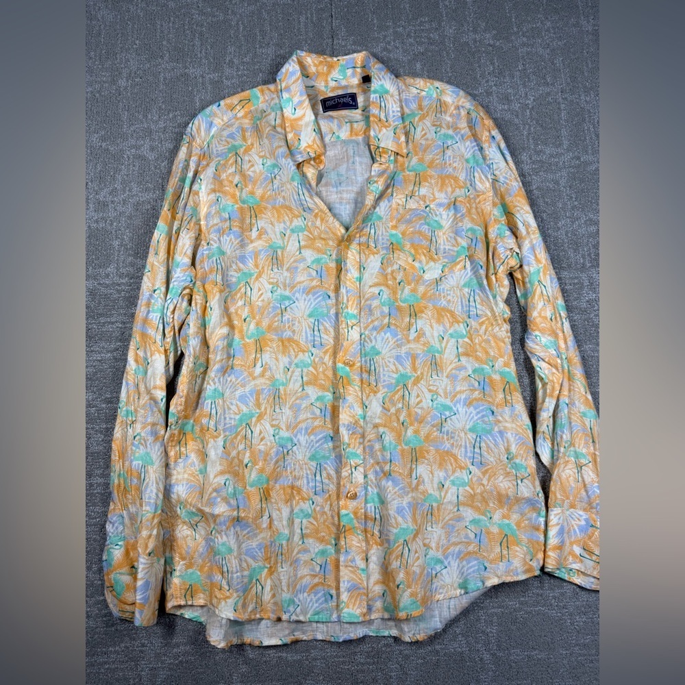Michaels Men's Printed Long Sleeve Linen Shirt Multicolored Size Large Beachy